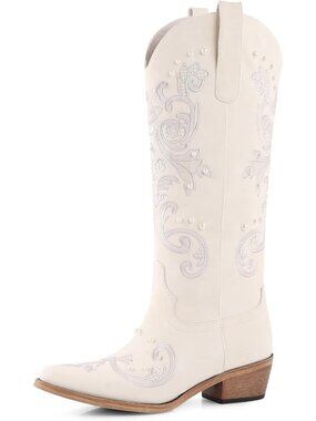 〽️Women's Knee-Calf Faux Fur Boot Pearl White Faux Leathe Furry Heelr Round Toe